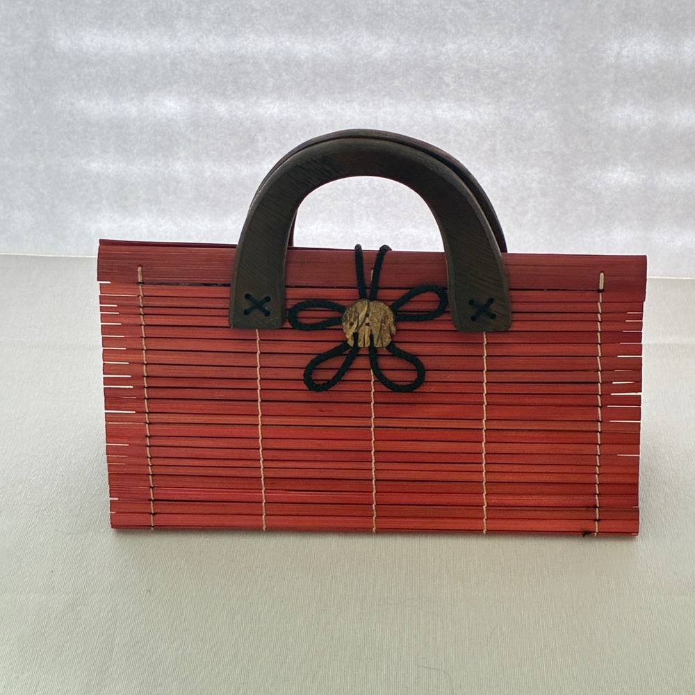 Bamboo Slat Handbag Women Small Red Wood Handle Boho Purse Festival